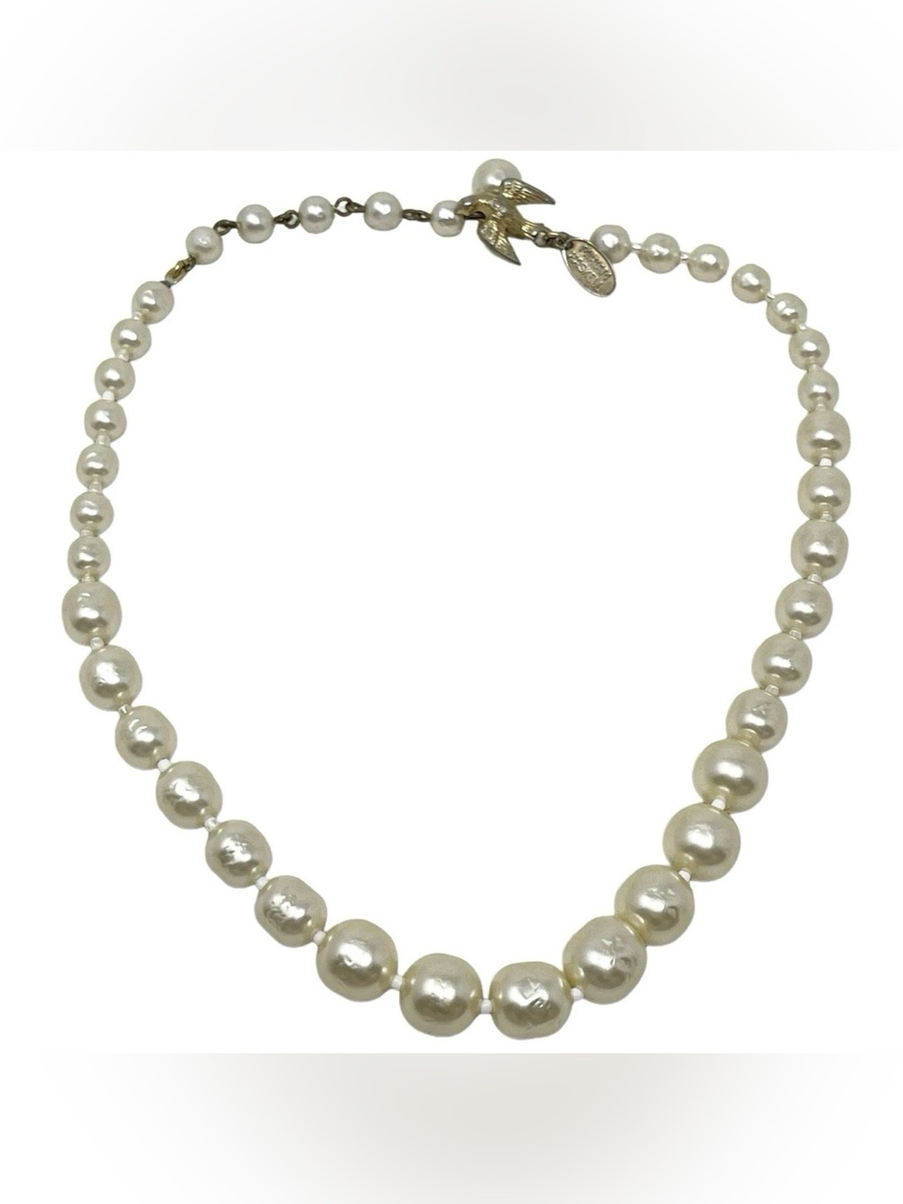 Vintage Signed Miriam Haskell Pearl Necklace With Gold Tone Dove Clasp 16 Inches